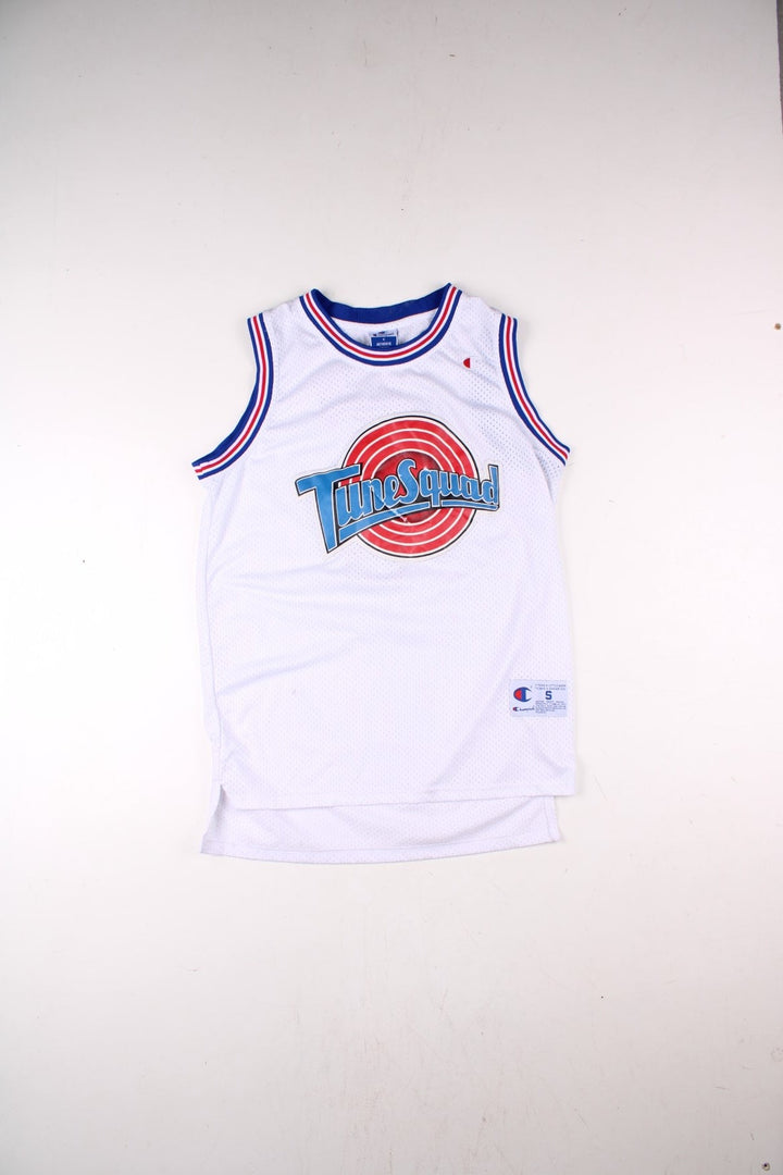 Looney Tune Space Jam Tunes Squad Champion Basketball Jersey in the white, red and blue kit colourway, features embroidered logos and badge on the front, and Buggs number 1 on the back.