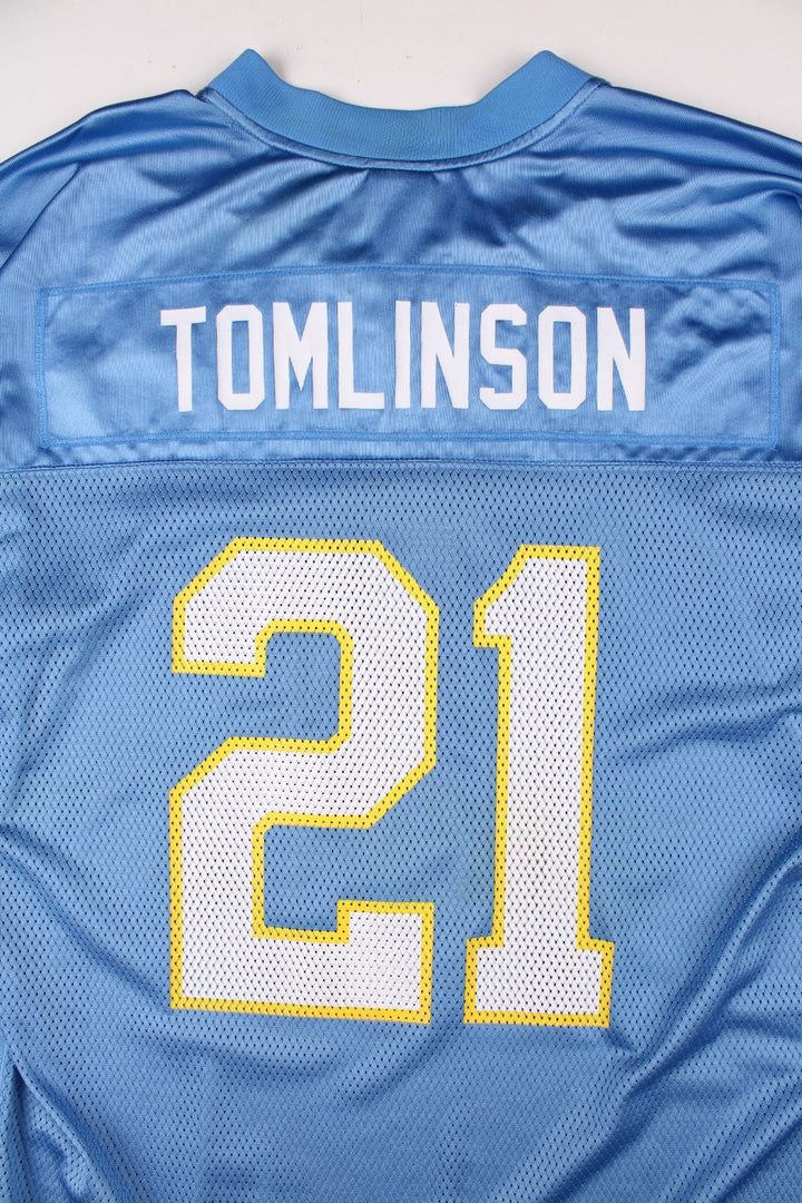 San Diego Chargers NFL LaDainian Tomlinson Jersey in the blue kit colourway, feature logos and badge on the front, and Tomlinson number 21 on the back.