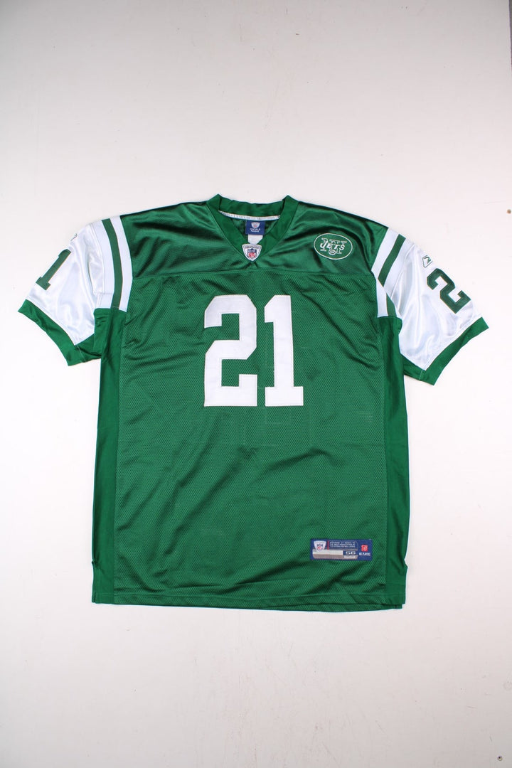 New York Jets NFL LaDainian Tomlinson Jersey in the green and white kit colourway, features embroidered logos and badge on the front, and Tomlinson 21 on the back.