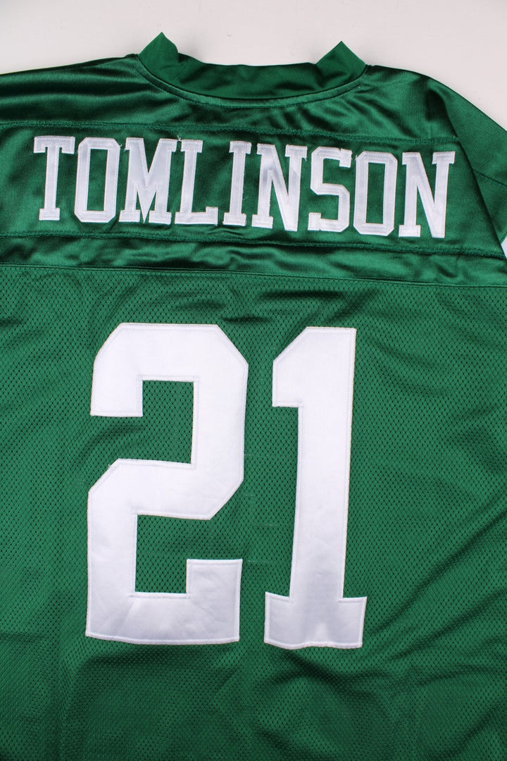 New York Jets NFL LaDainian Tomlinson Jersey in the green and white kit colourway, features embroidered logos and badge on the front, and Tomlinson 21 on the back.