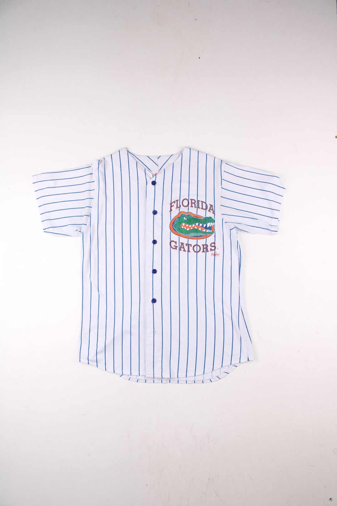 Vintage Florida Gators University Majestic Jersey in the white and blue striped kit colourway, button down, and features printed logo on the front.