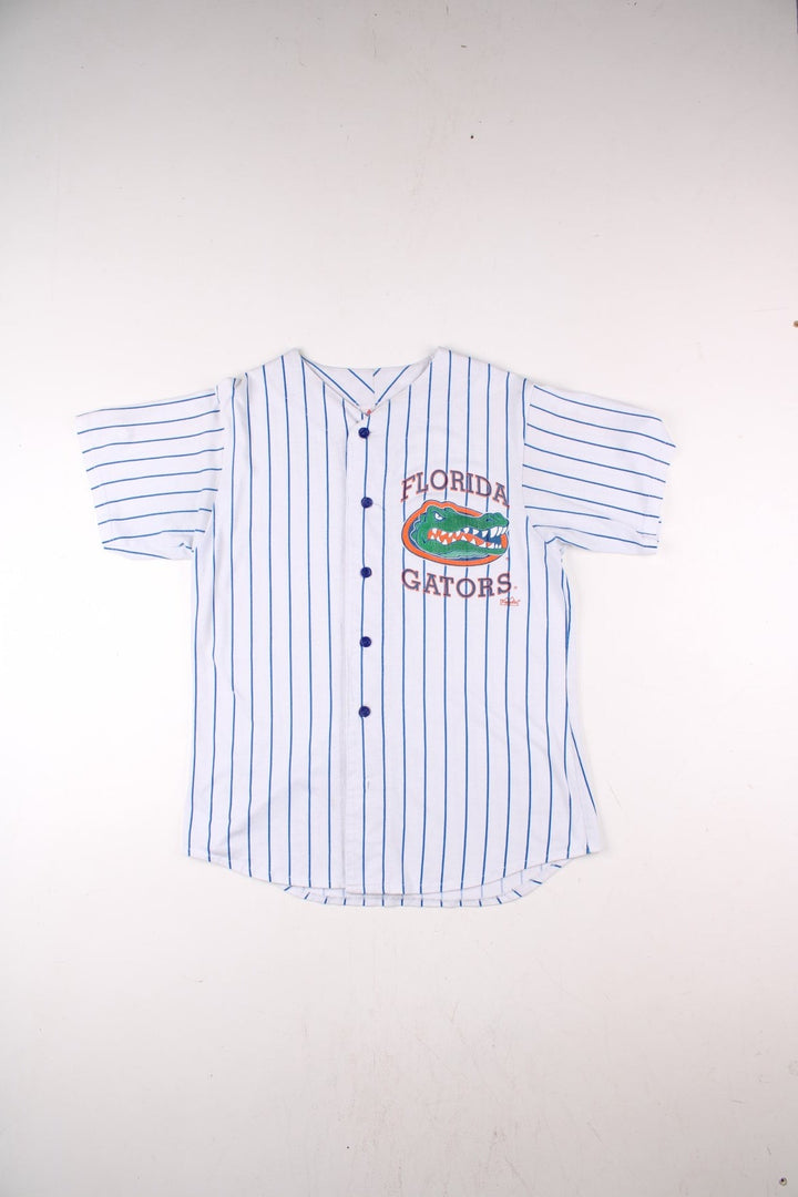 Vintage Florida Gators University Majestic Jersey in the white and blue striped kit colourway, button down, and features printed logo on the front.