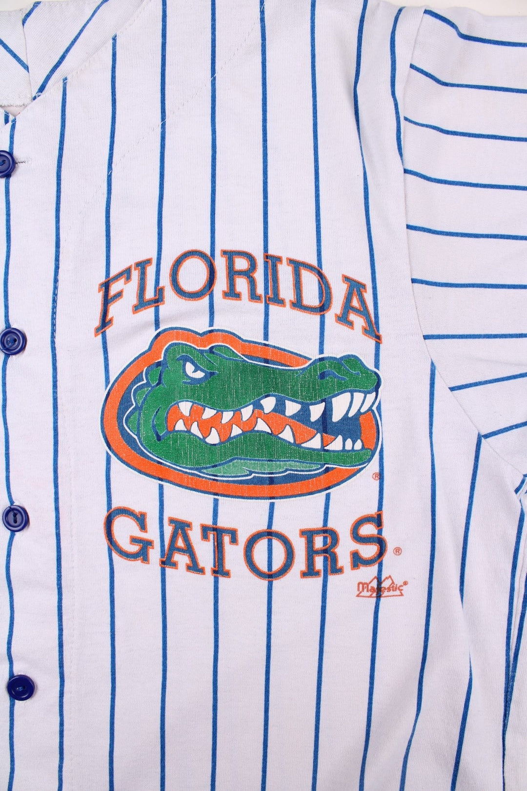 Vintage Florida Gators University Majestic Jersey in the white and blue striped kit colourway, button down, and features printed logo on the front.