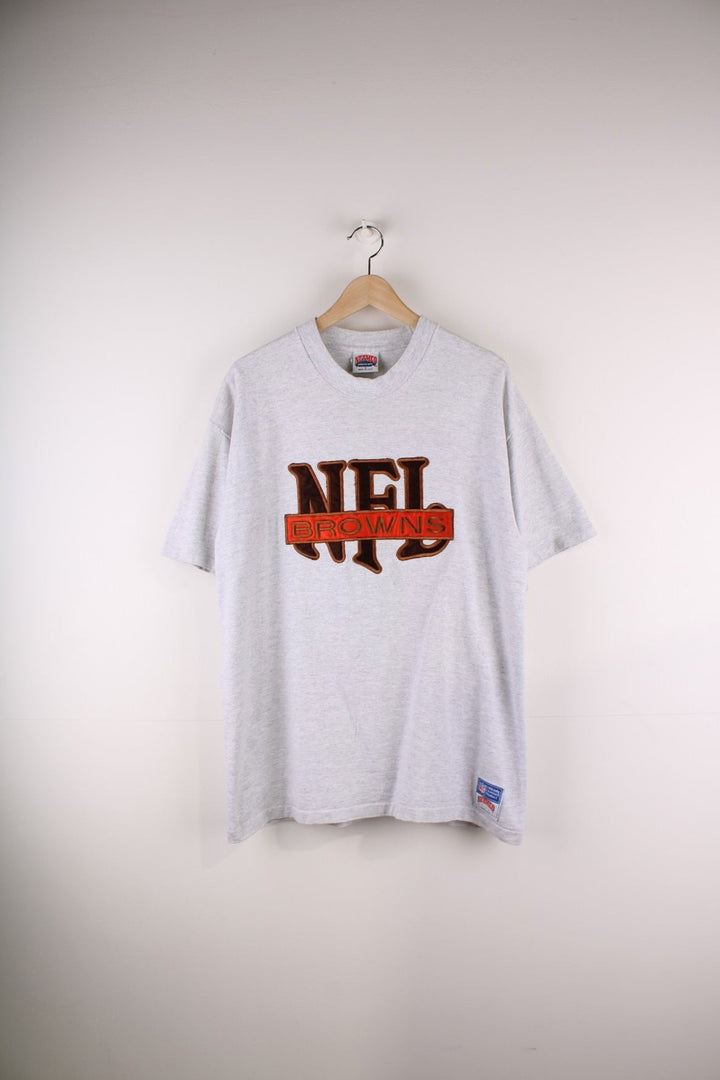 Vintage Cleveland Browns NFL t-shirt in grey marl with brown and orange embroidered logo on the front and a small logo tag on one sleeve