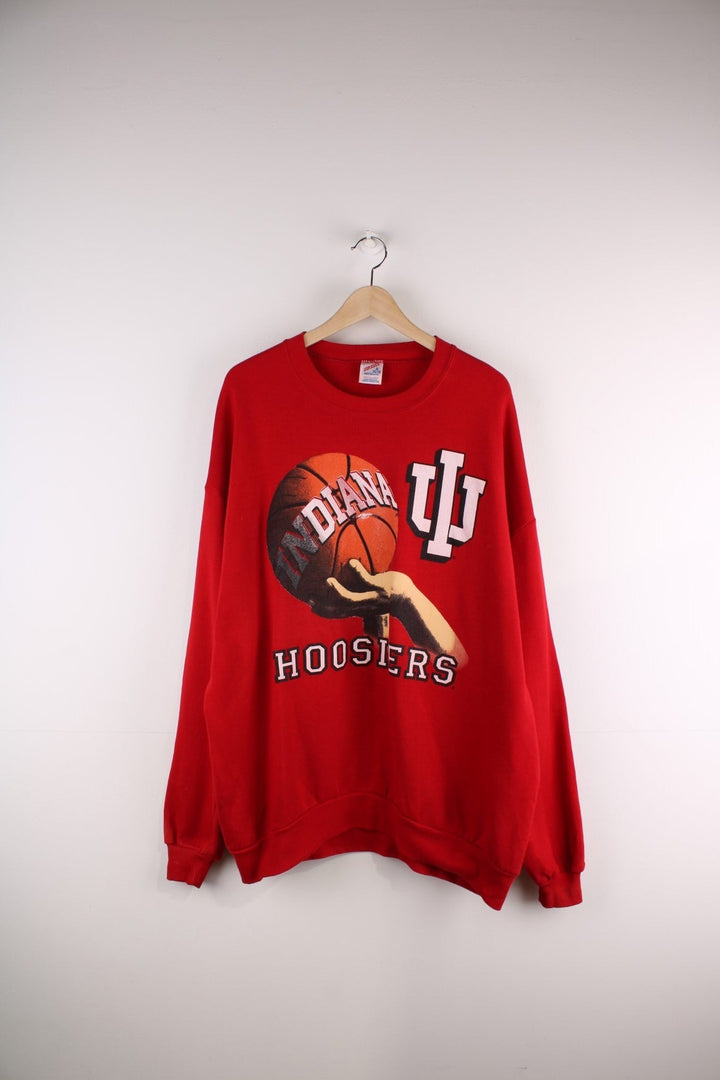 Vintage Indiana Hoosiers basketball graphic sweatshirt in red with spellout in white.