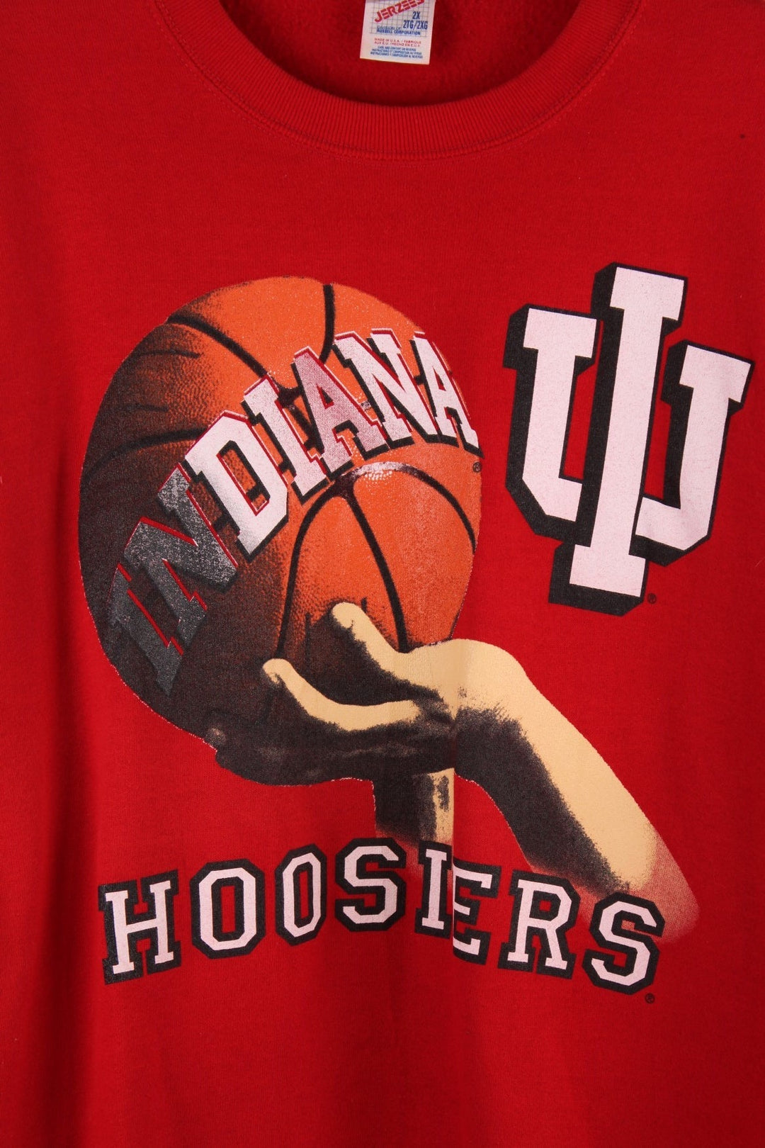 Vintage Indiana Hoosiers basketball graphic sweatshirt in red with spellout in white.