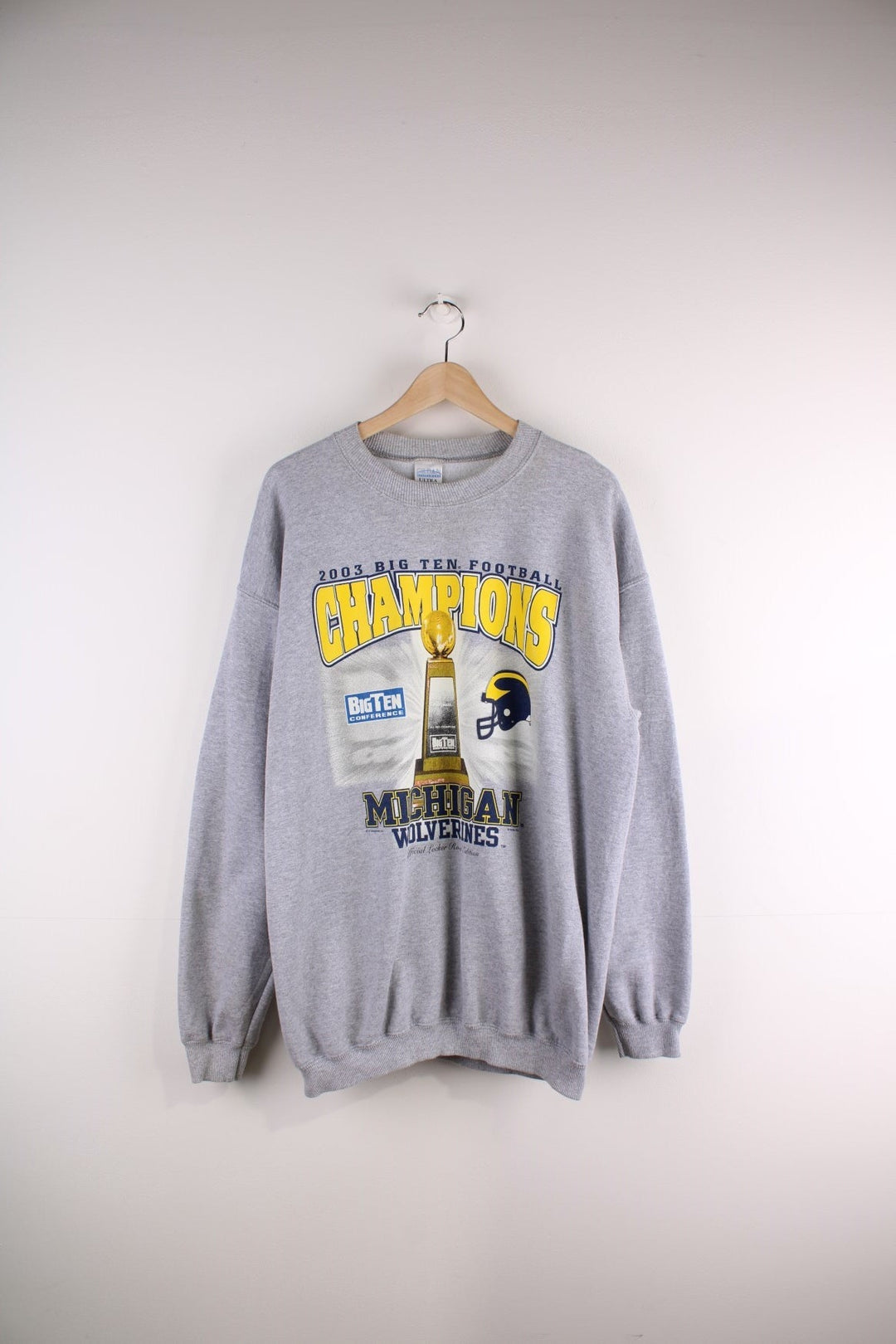 Vintage Michigan Wolverines 2003 Big 10 Champions sweatshirt in grey marl with yellow spellout and front graphic of a trophy and a football helmet.