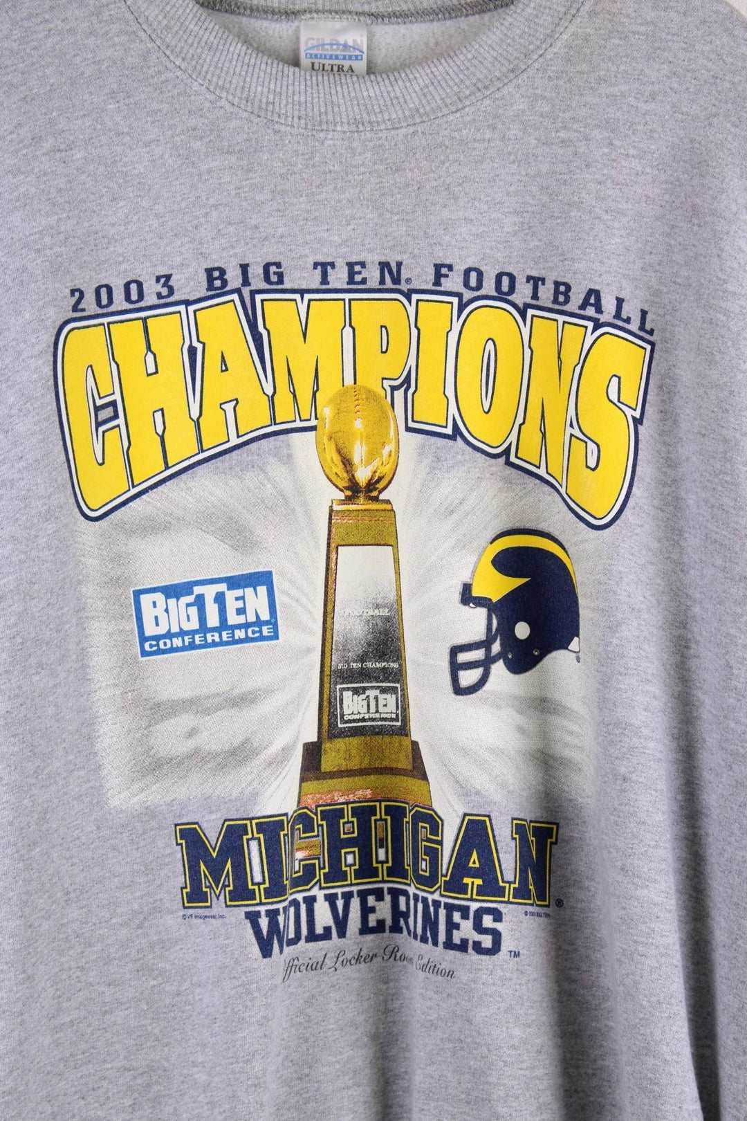 Vintage Michigan Wolverines 2003 Big 10 Champions sweatshirt in grey marl with yellow spellout and front graphic of a trophy and a football helmet.