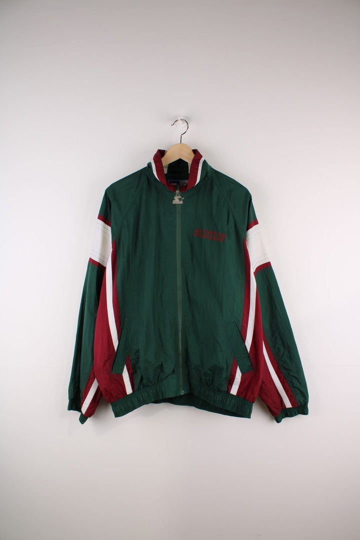 Seattle SuperSonics NFL Starter jacket in green with burgundy and white panels, two pockets, an embroidered team logo on the back and NBA logo on the sleeve.