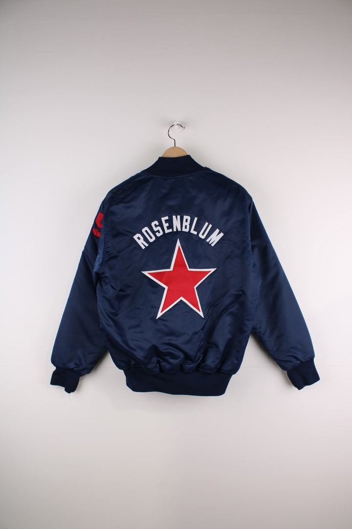 Vintage Santa Monica All Stars bomber jacket in  navy blue with red script embroidery on the front and 'Rosenblum' over a red star on the back.