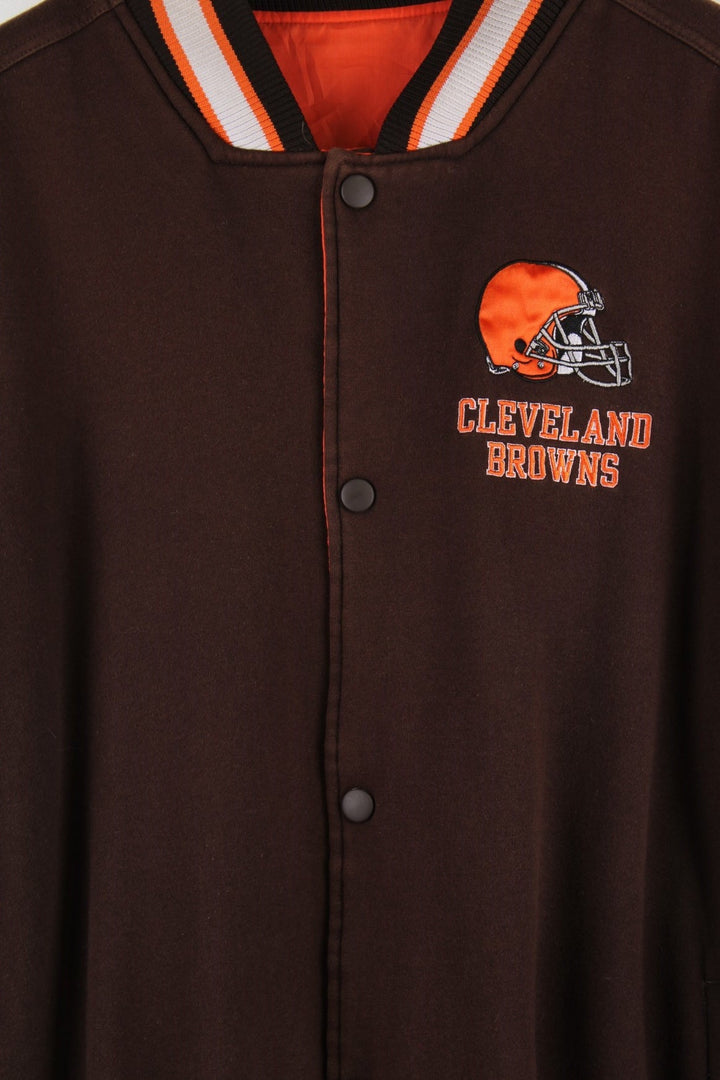 Cleveland Browns Reversible NFL varsity jacket in brown with orange sleeves and vice versa on the reverse side, with team logos and spellouts on the chest, back and sleeves of both sides.