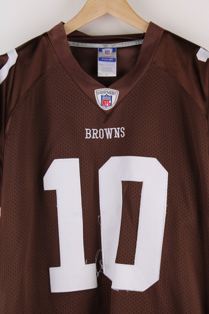 Cleveland Browns #10 Quinn Adidas jersey in brown with orange and white stripe detailing and number 10s embroidered in white on the front, sleeves, and back.