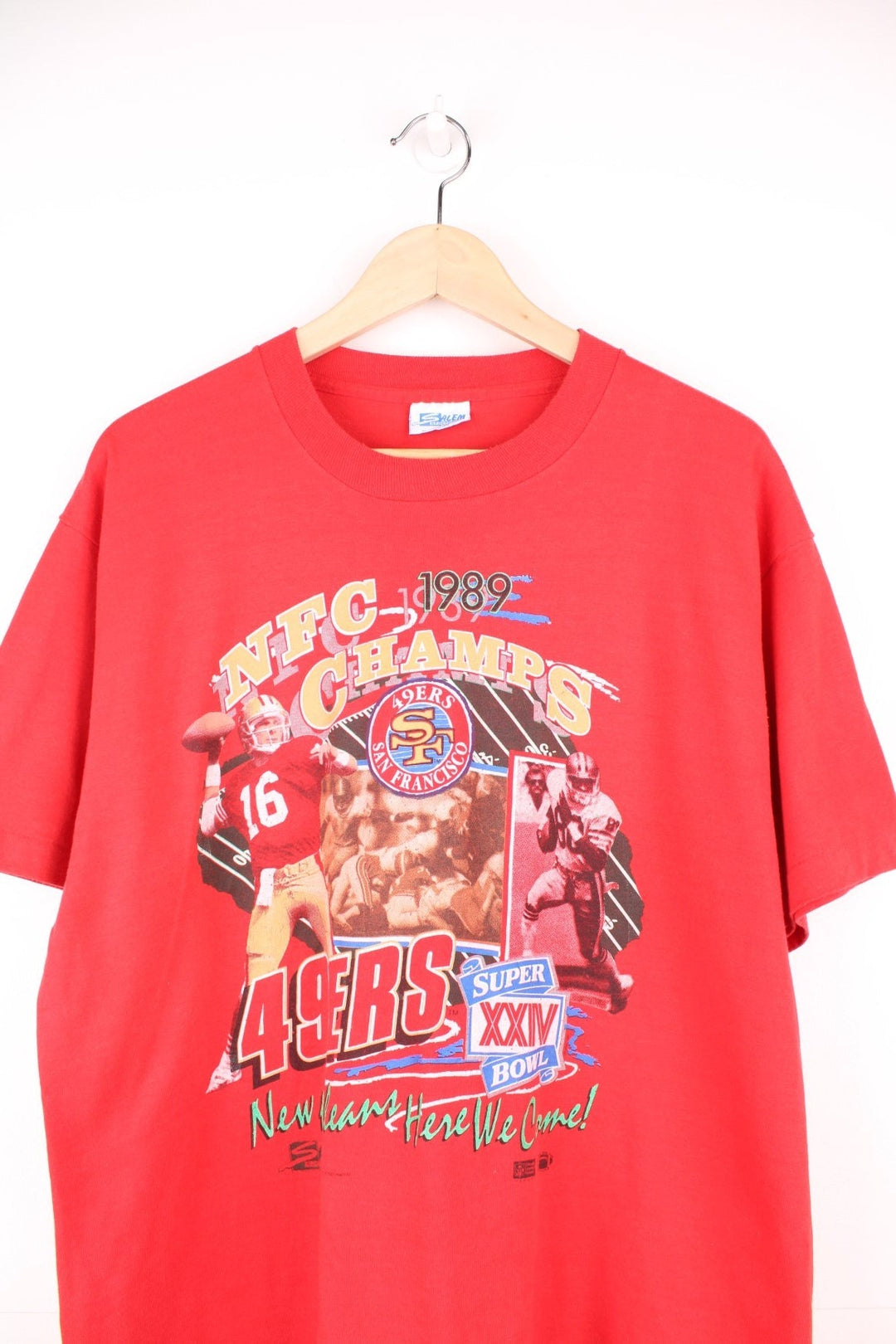 1989 San Francisco 49ers Super Bowl Champions T-Shirt in a red colourway with a big graphic print across the front. 