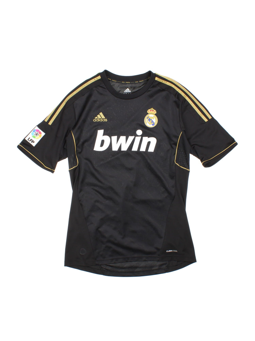 Real Madrid 2011/12 Adidas football shirt in the away kit black with gold three stripe detailing, printed and embroidered logos, and a badge on the front.