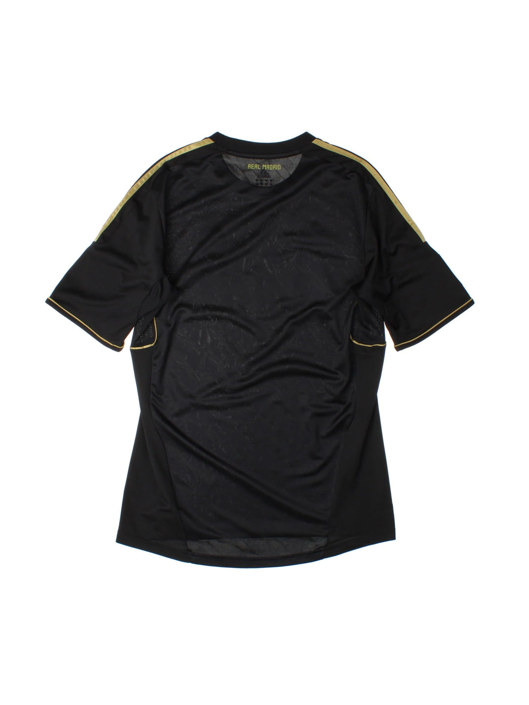 Real Madrid 2011/12 Adidas football shirt in the away kit black with gold three stripe detailing, printed and embroidered logos, and a badge on the front.