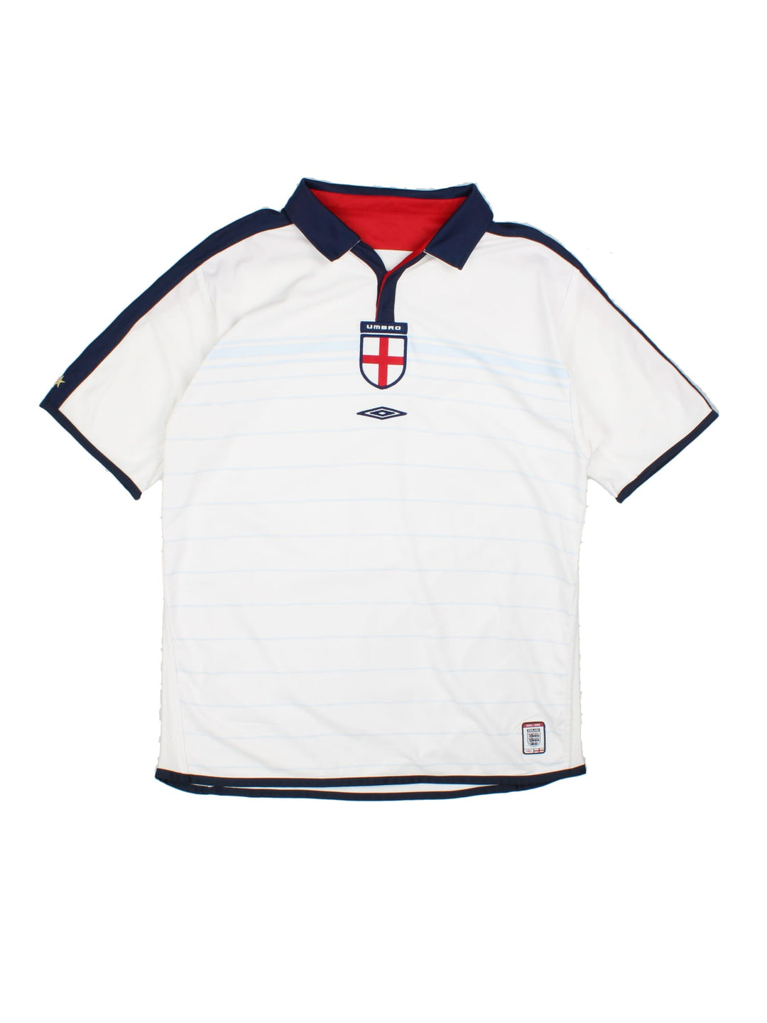 England 2003/05 Umbro home kit reversible football shirt in white with blue stripes and navy blue collar and piping on one side, red on the other. 2 snap closure at the neck, and a logo and badge on the front on both sides.