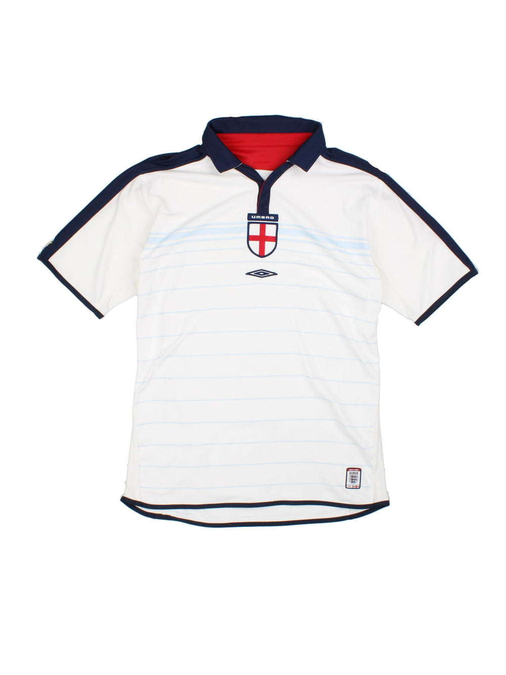 England 2003/05 Umbro home kit reversible football shirt in white with blue stripes and navy blue collar and piping on one side, red on the other. 2 snap closure at the neck, and a logo and badge on the front on both sides.