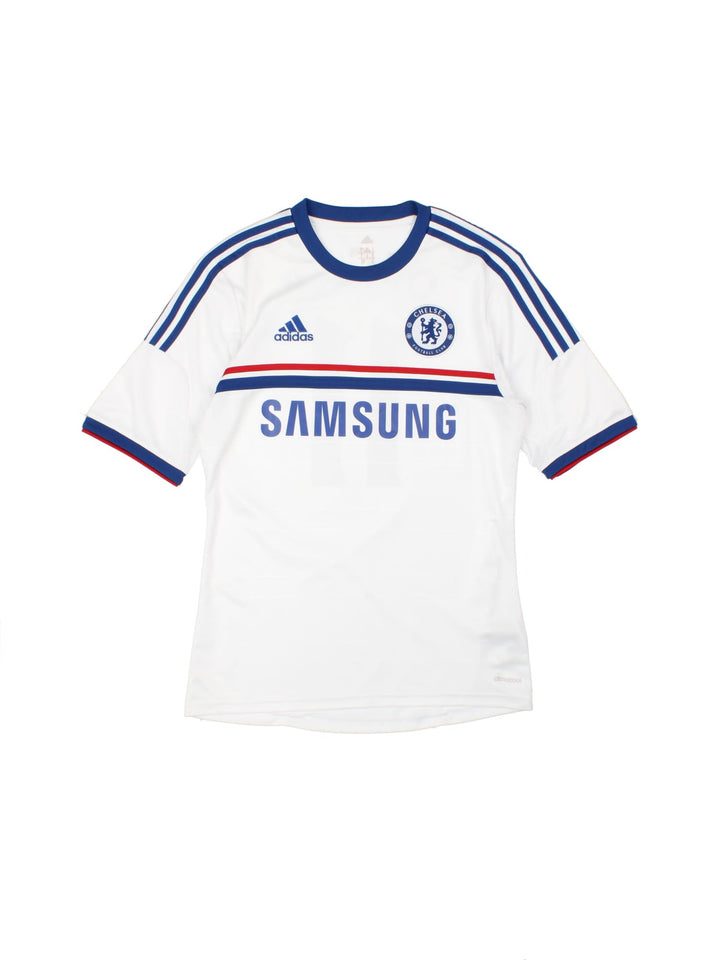 Chelsea 2013/14 Adidas away kit football shirt in white with blue three stripe detailing and red piping, Oscar no. 11 on the back, and embroidered logos and badge on the front.