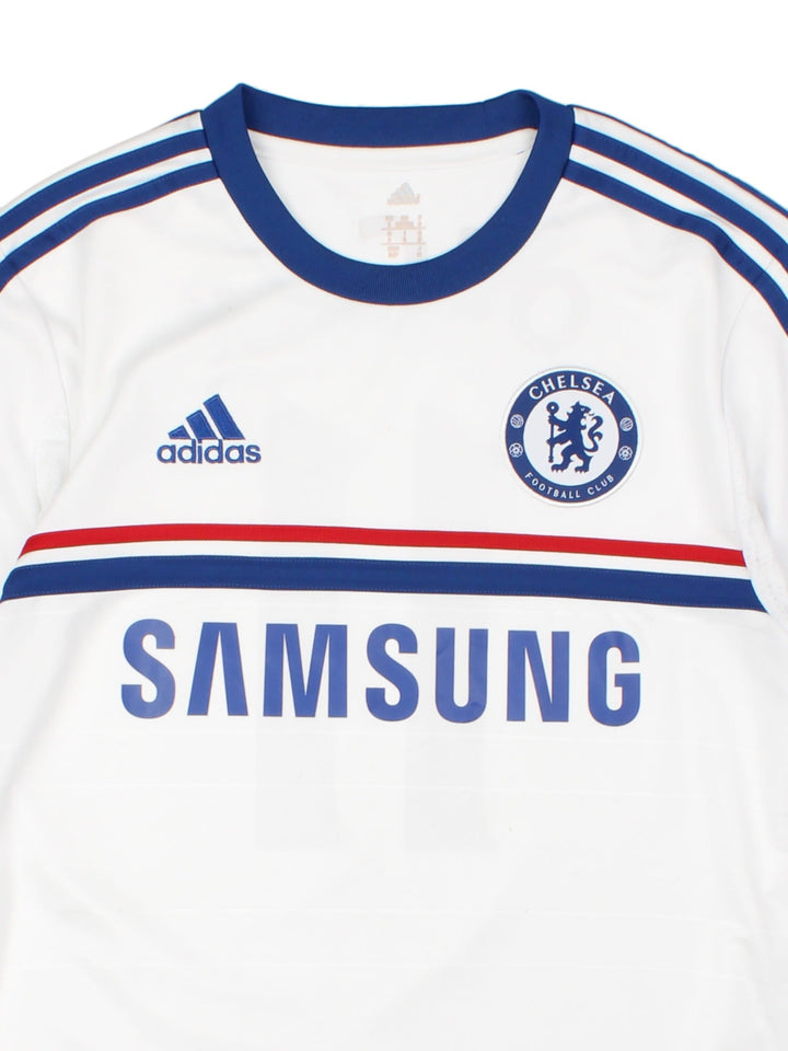 Chelsea 2013/14 Adidas away kit football shirt in white with blue three stripe detailing and red piping, Oscar no. 11 on the back, and embroidered logos and badge on the front.