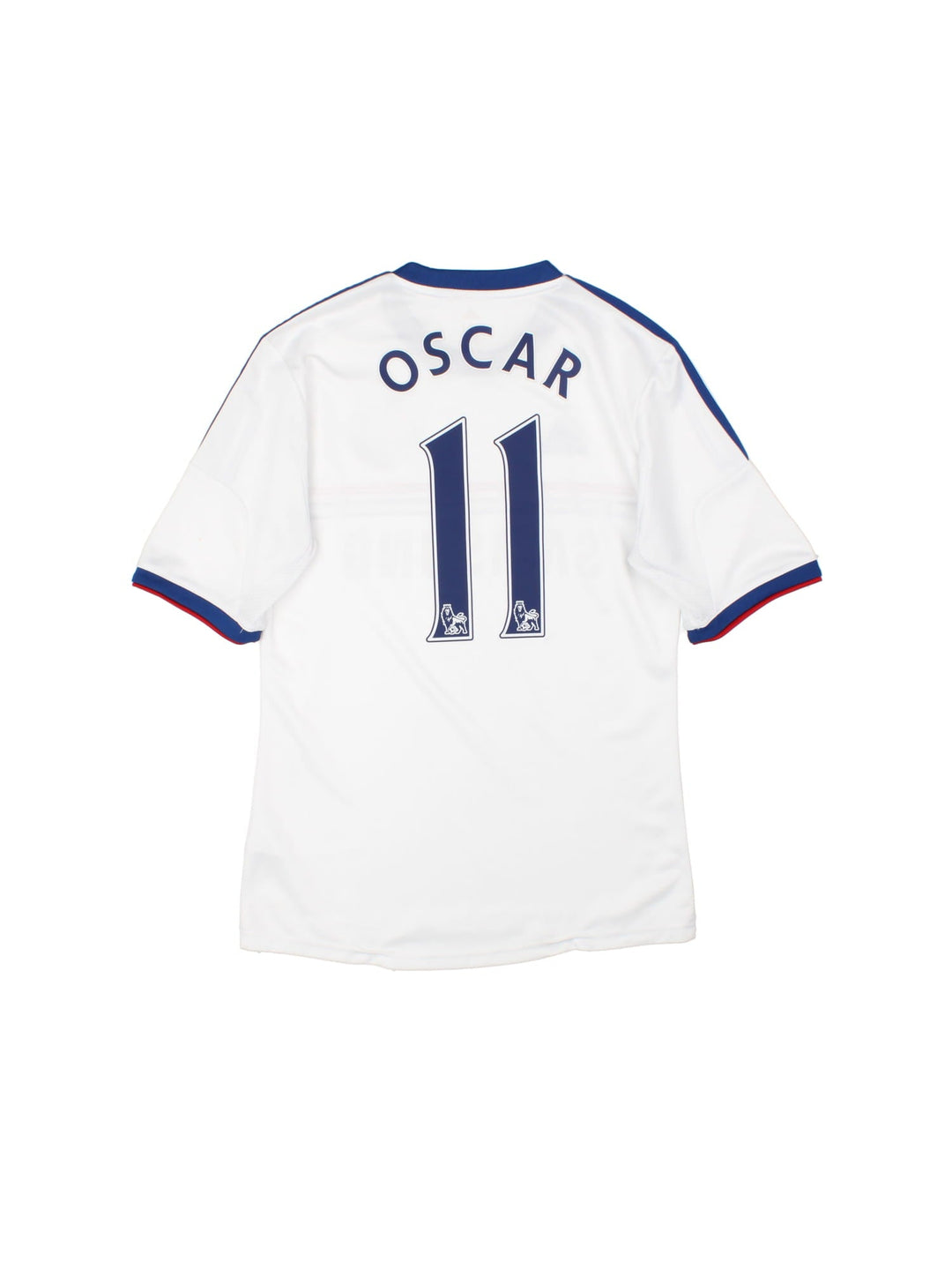 Chelsea 2013/14 Adidas away kit football shirt in white with blue three stripe detailing and red piping, Oscar no. 11 on the back, and embroidered logos and badge on the front.