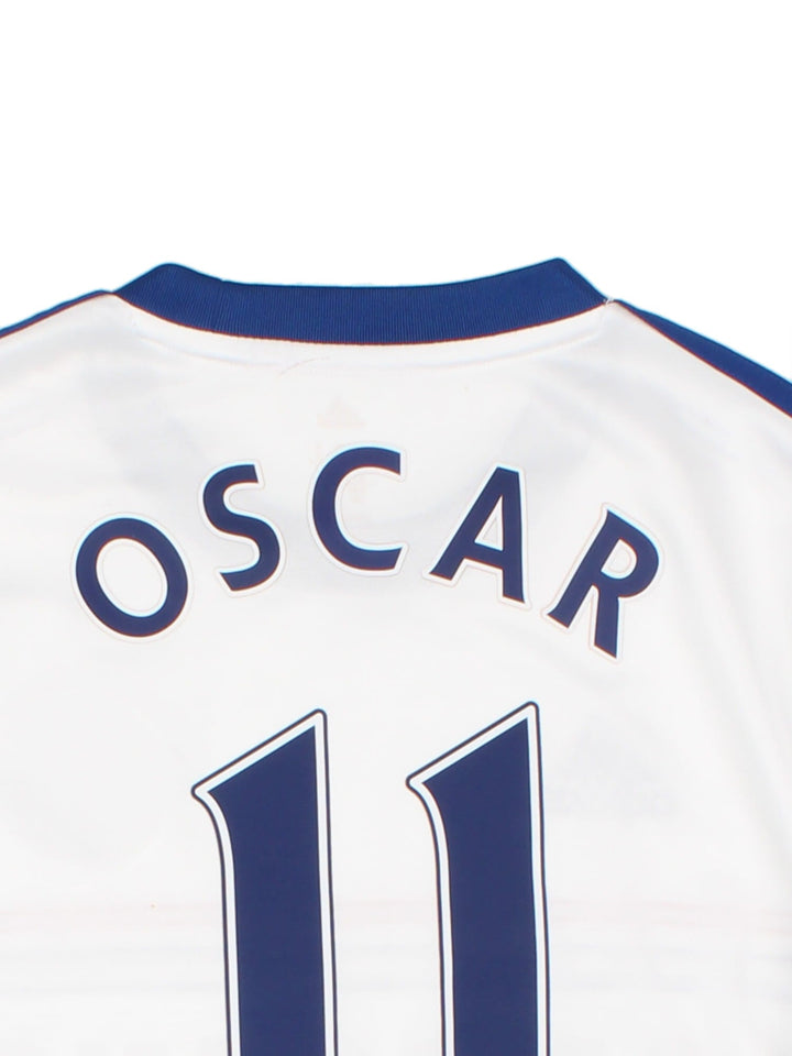 Chelsea 2013/14 Adidas away kit football shirt in white with blue three stripe detailing and red piping, Oscar no. 11 on the back, and embroidered logos and badge on the front.