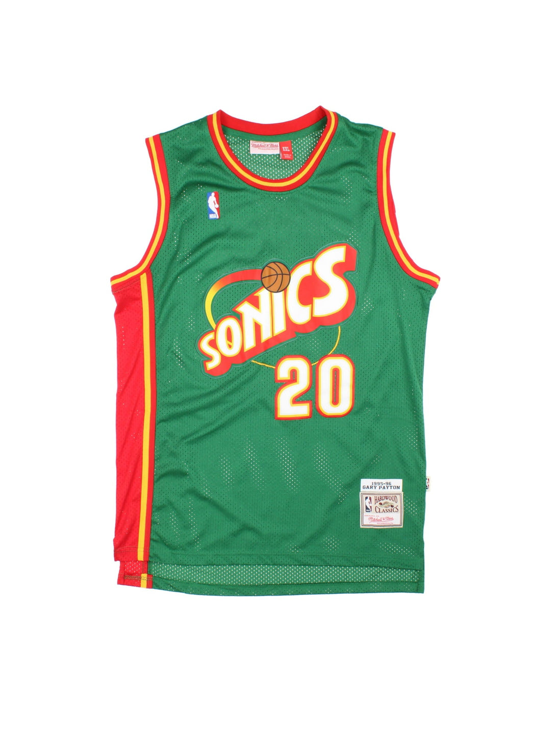 Seattle Supersonics 1995/96 Mitchell & Ness NBA jersey in green with red and yellow stripe detailing, embridered logos on the front, and gary Payton no. 20 on the back.