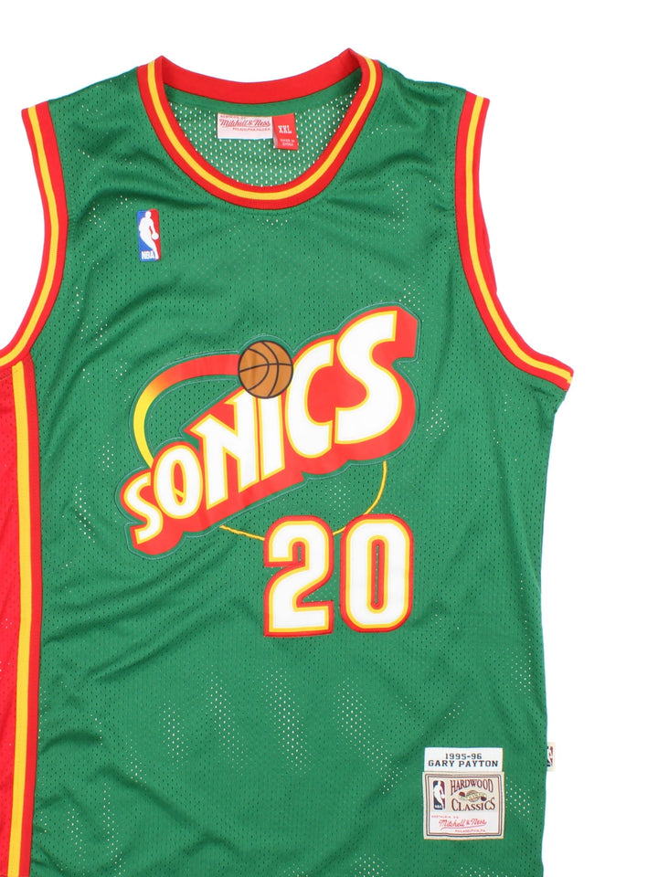 Seattle Supersonics 1995/96 Mitchell & Ness NBA jersey in green with red and yellow stripe detailing, embridered logos on the front, and gary Payton no. 20 on the back.