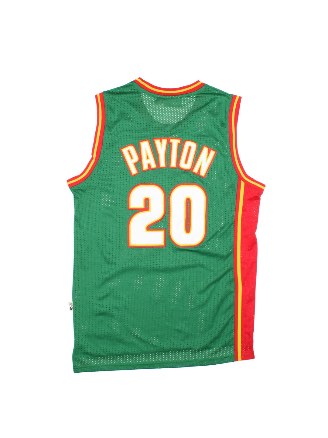 Seattle Supersonics 1995/96 Mitchell & Ness NBA jersey in green with red and yellow stripe detailing, embridered logos on the front, and gary Payton no. 20 on the back.