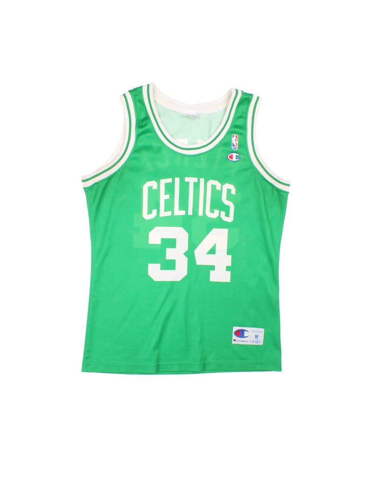 Boston Celtics Champion NBA jersey in green with white accents, embroidered logos on the front and Pierce no.34 on the back.