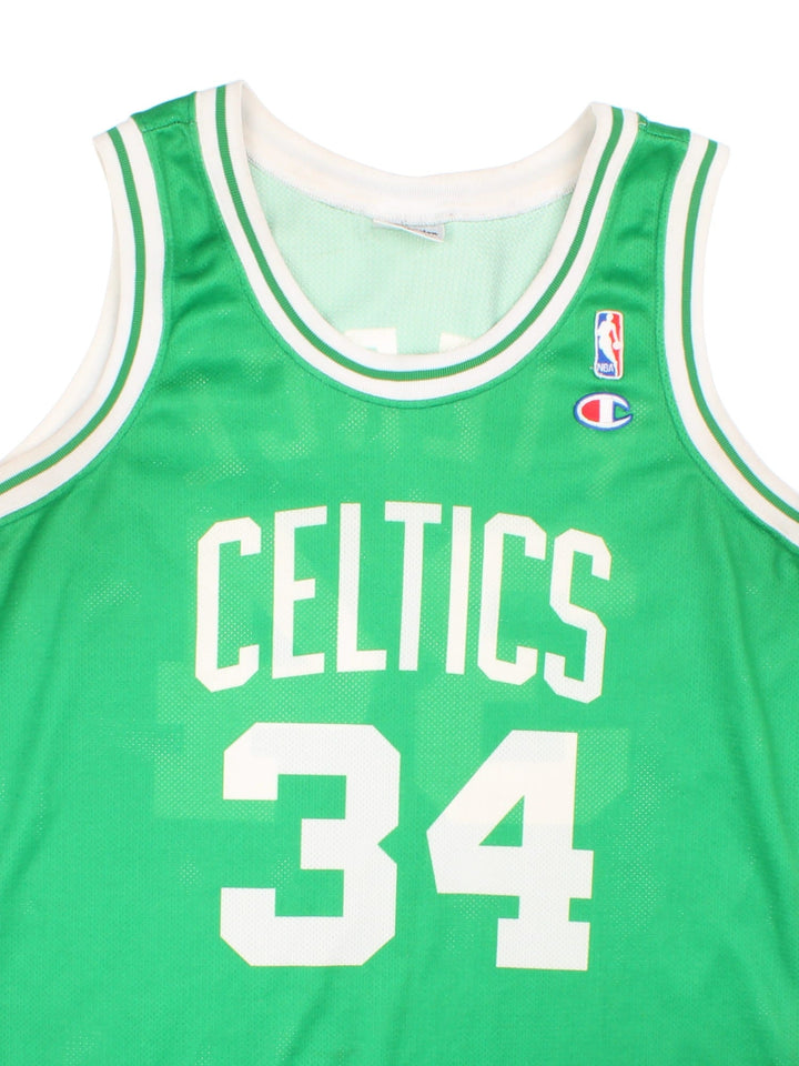 Boston Celtics Champion NBA jersey in green with white accents, embroidered logos on the front and Pierce no.34 on the back.