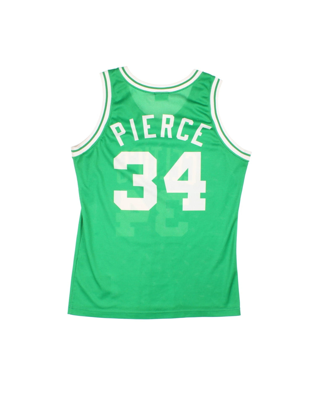 Boston Celtics Champion NBA jersey in green with white accents, embroidered logos on the front and Pierce no.34 on the back.