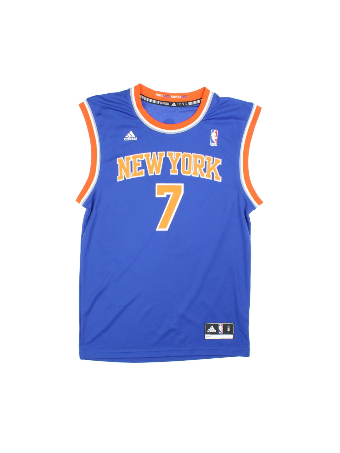 00s New York Knicks Adidas NBA jersey in blue with orange and white stripe detailing, embroidered logos on the front and Anthony no.7 on the back .