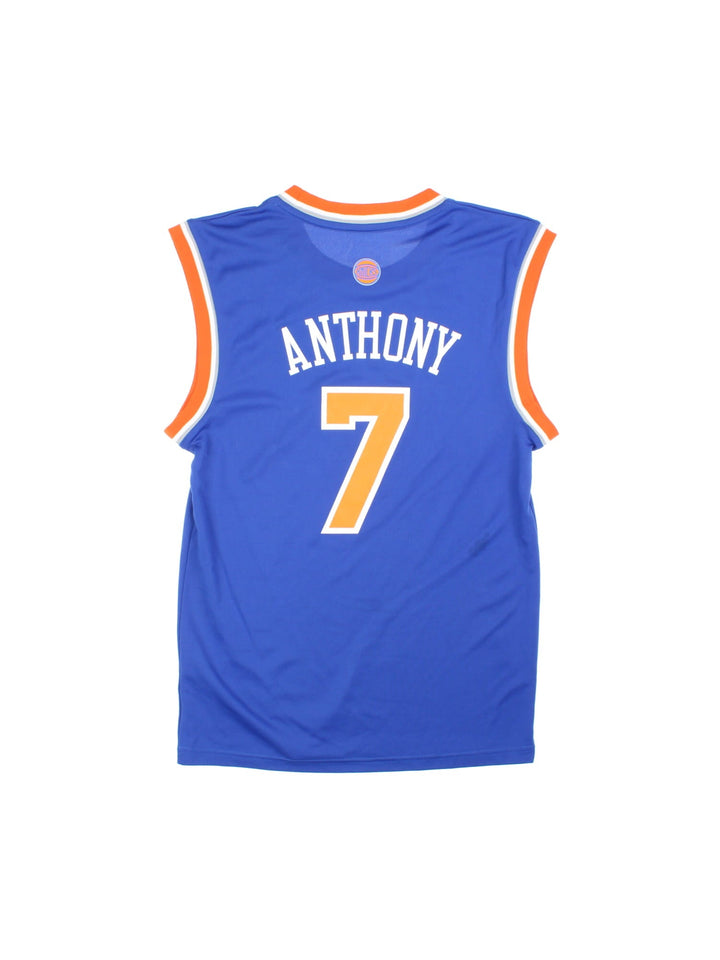 00s New York Knicks Adidas NBA jersey in blue with orange and white stripe detailing, embroidered logos on the front and Anthony no.7 on the back .