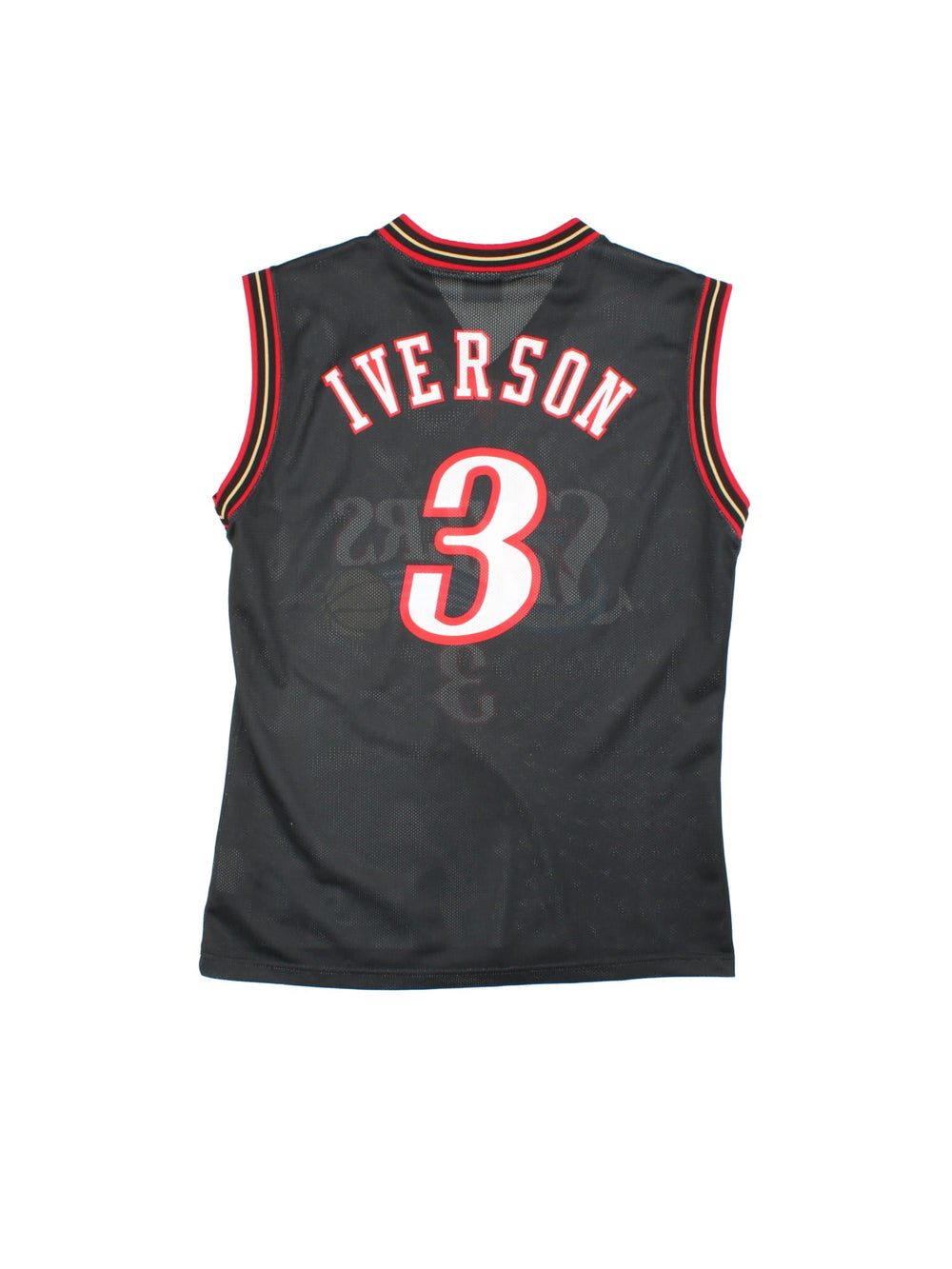 Philadelphia 76ers Champion NBA jersey in black with red and yellow stripe detail, printed and embroidered logos on the front, and no. 3 Iverson on the back.