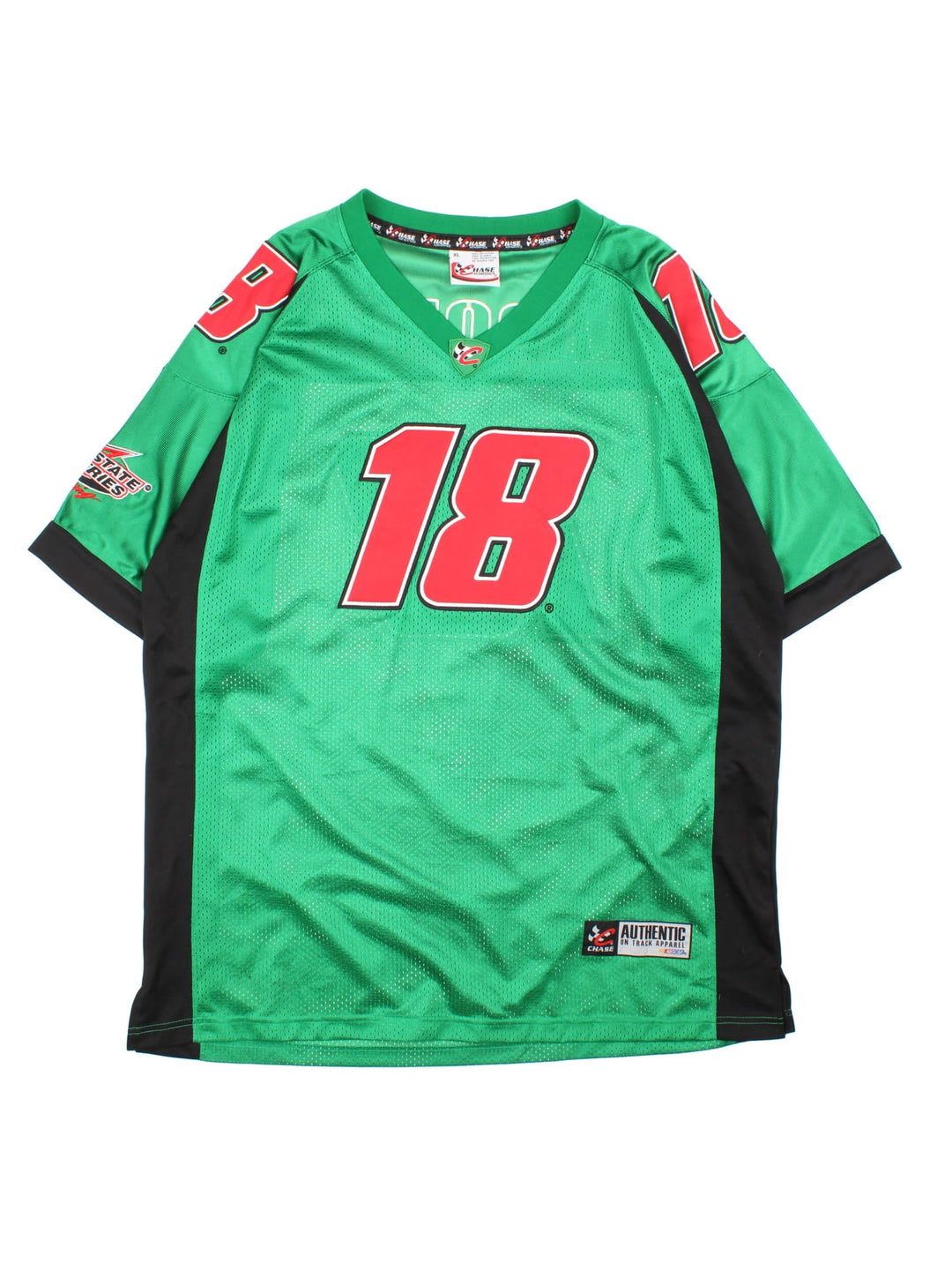 Nascar Chase Authentics racing jersey in green with black panelling, embroidered logos on the front and sleeves, and no. 18 Labonte on the back in red.