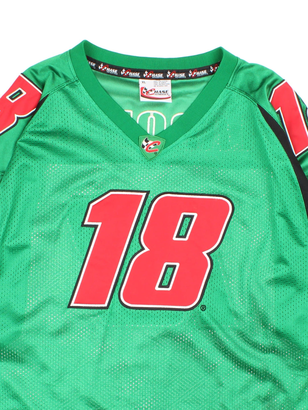 Nascar Chase Authentics racing jersey in green with black panelling, embroidered logos on the front and sleeves, and no. 18 Labonte on the back in red.