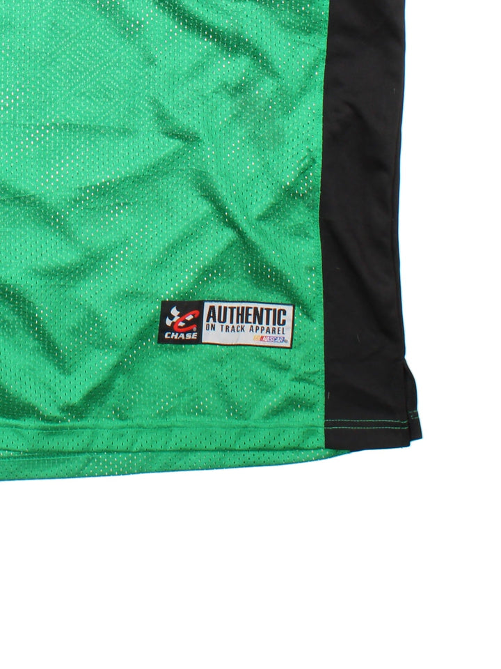 Nascar Chase Authentics racing jersey in green with black panelling, embroidered logos on the front and sleeves, and no. 18 Labonte on the back in red.