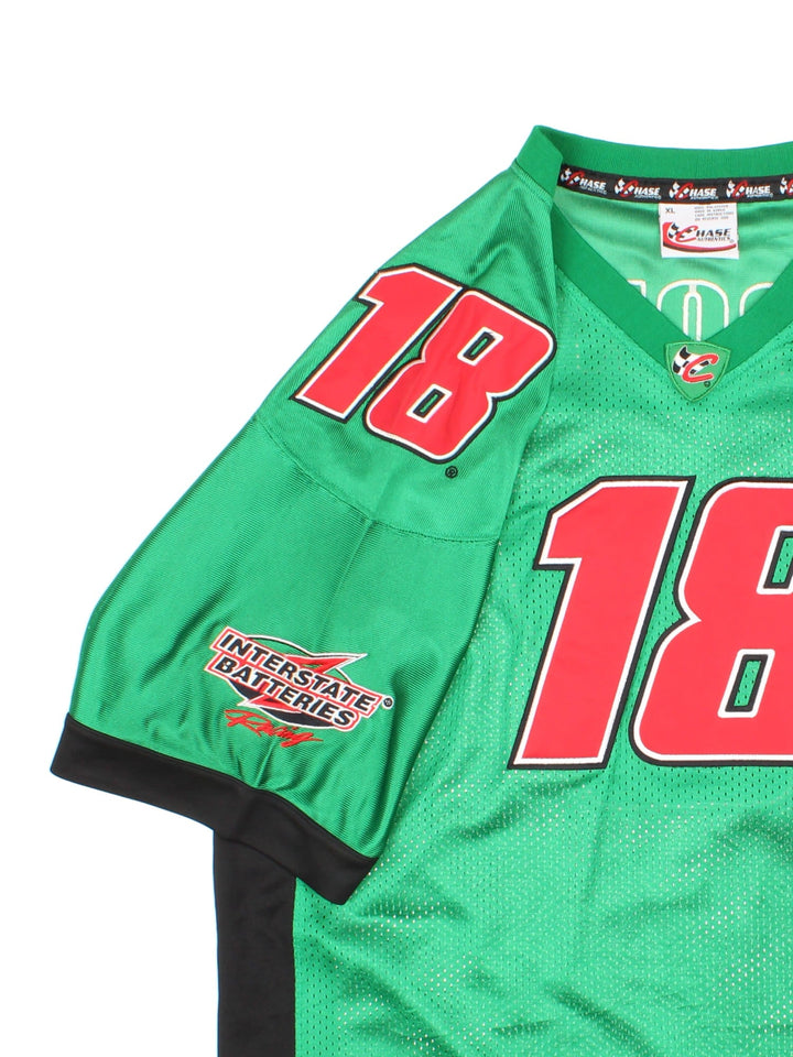 Nascar Chase Authentics racing jersey in green with black panelling, embroidered logos on the front and sleeves, and no. 18 Labonte on the back in red.