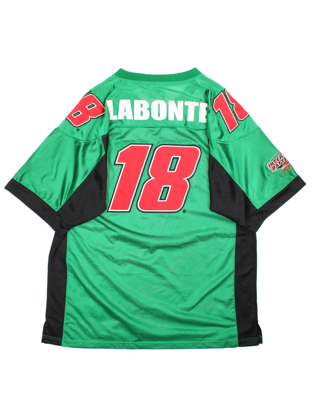 Nascar Chase Authentics racing jersey in green with black panelling, embroidered logos on the front and sleeves, and no. 18 Labonte on the back in red.