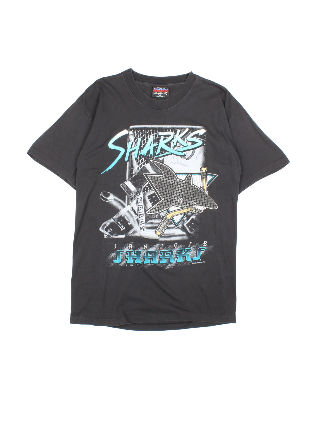 90s San Jose Sharks NHL single stitch t-shirt in black with printed front graphic of a shark and hockey stick.