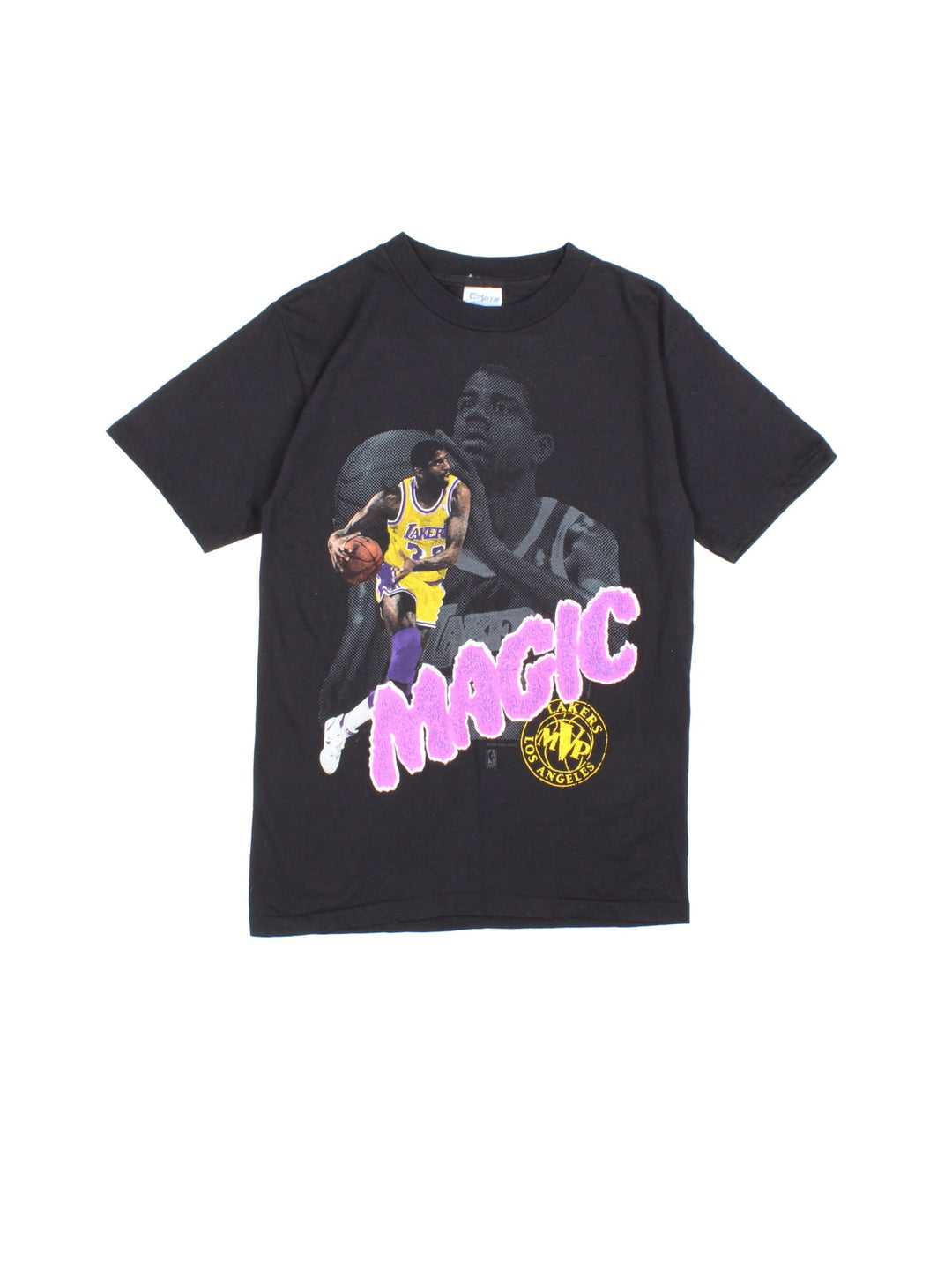 90s L.A. Lakers Magic Johnson graphic t-shirt in black with large printed graphic in yellow and purple and an MVP stamp logo.