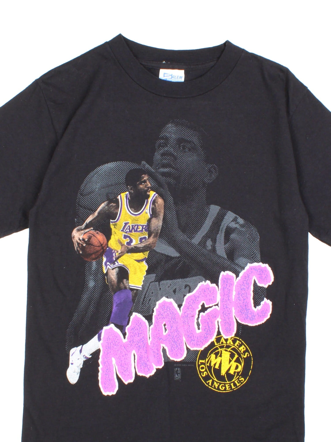 90s L.A. Lakers Magic Johnson graphic t-shirt in black with large printed graphic in yellow and purple and an MVP stamp logo.