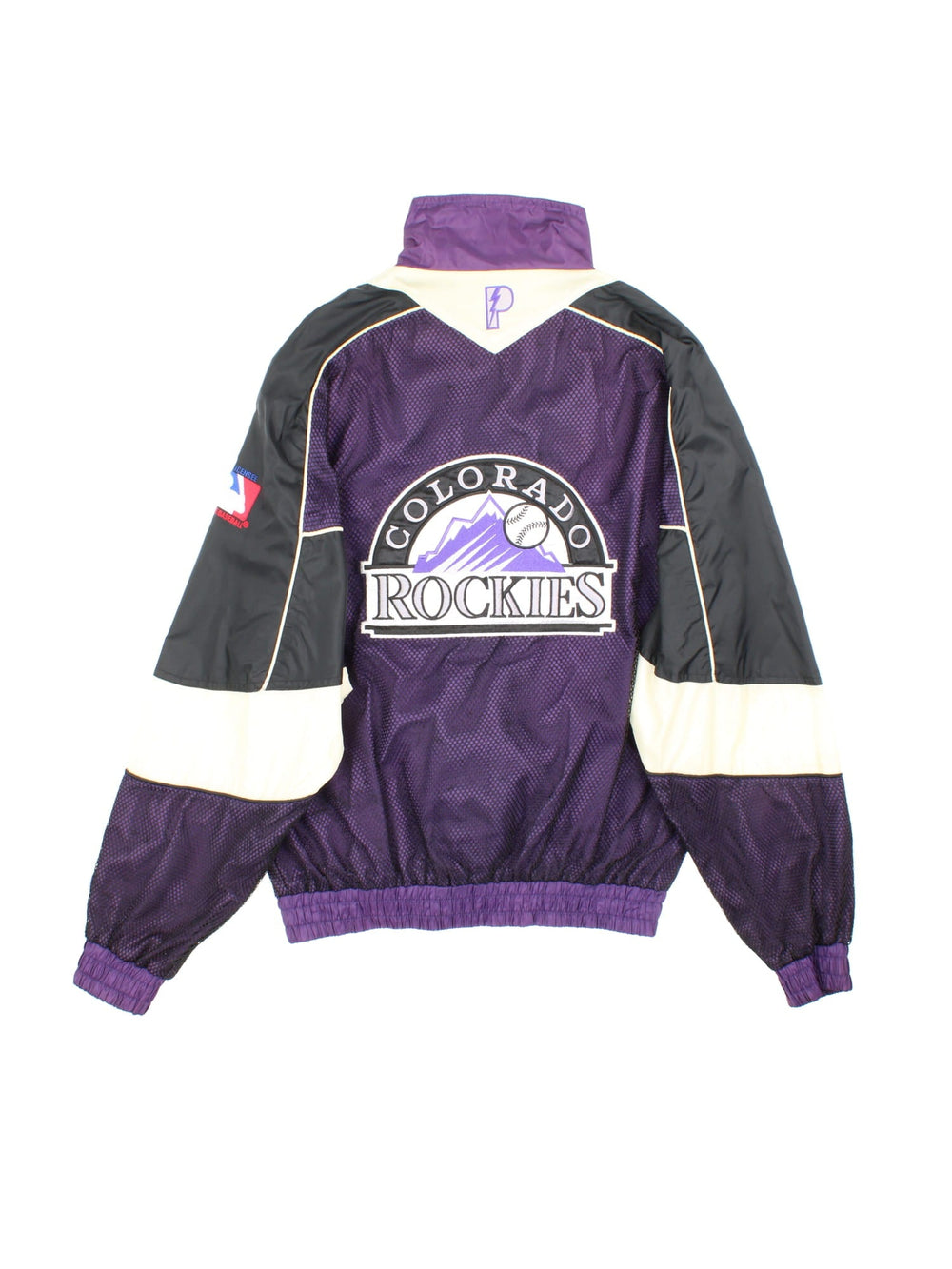 90s Pro Player Colorado Rockies MLB zip-through windbreaker jacket in purple with black and white panelling, two pockets, a branded 'P' zip pull, and embroidered logos on the front, back, and sleeves.