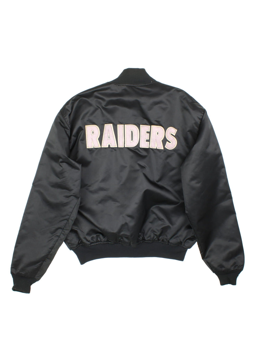 80s Los Angeles Raiders NFL Starter jacket in black with snap closure, two pockets, and embroidered team and NFL logos on the front, back, and sleeve.