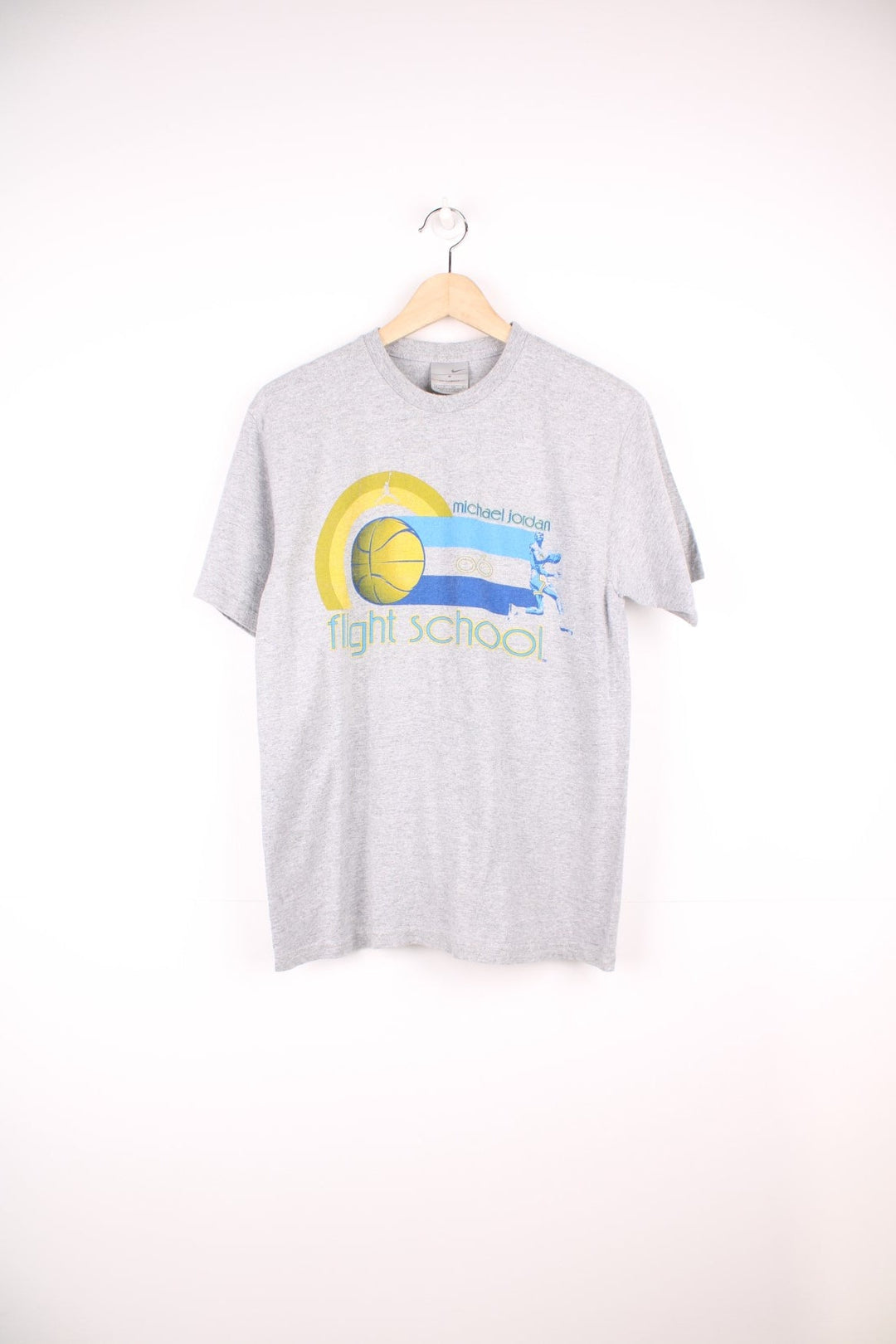 Michael Jordan flight school 06 Nike T-Shirt in grey, blue and yellow with print across the chest. 