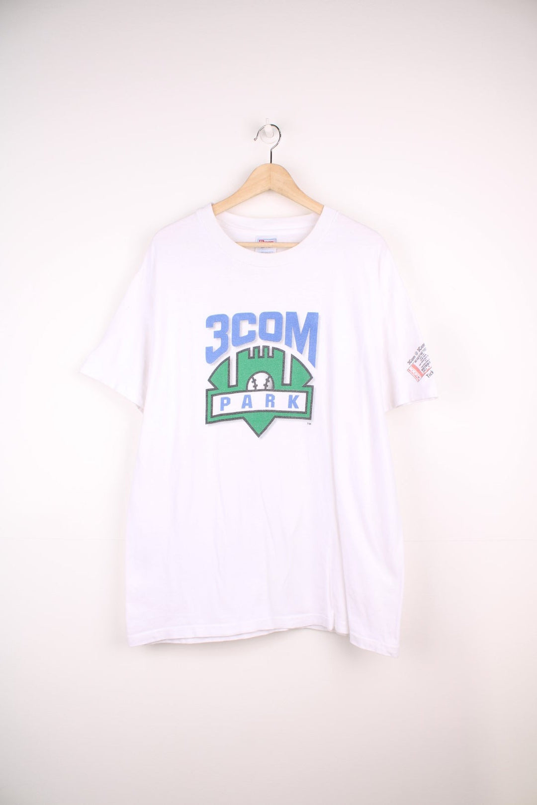 Vintage 90s 3Com Park, San Francisco Giants single stitch T-Shirt. Features print on the front and "Ticket to Ride" print on the sleeve.