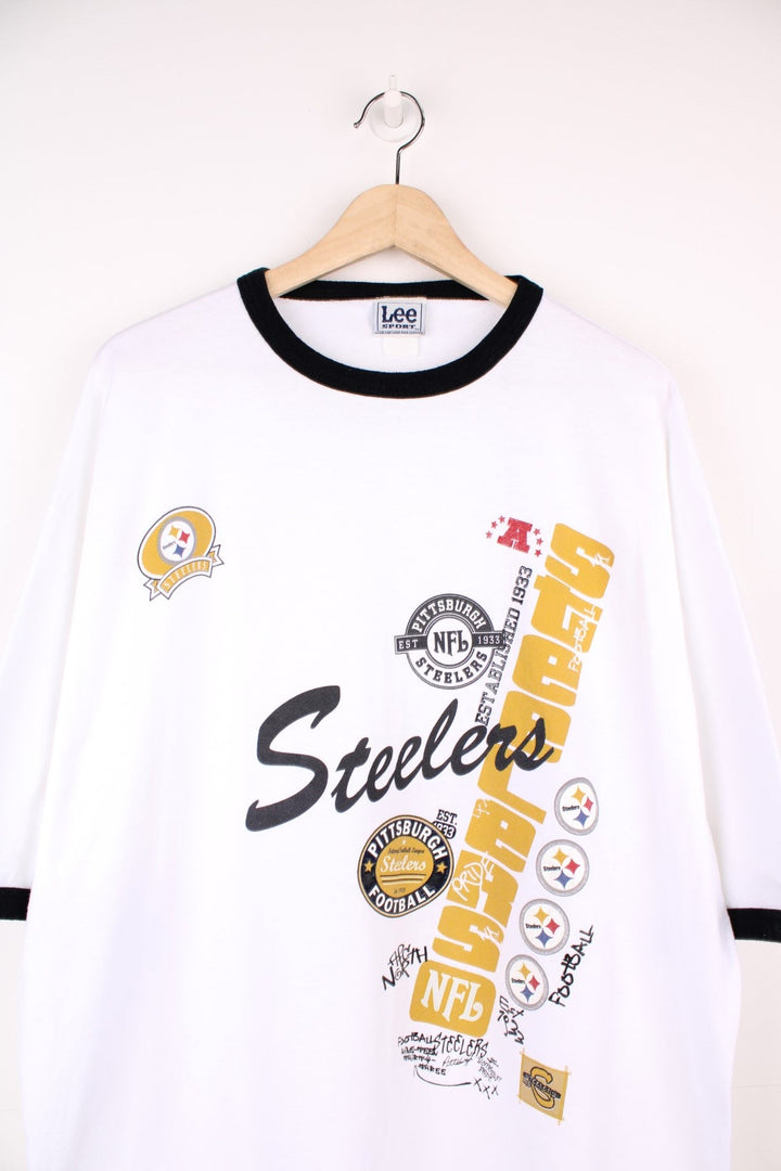 Vintage Pittsburgh Steelers T-Shirt by Lee Sport with large print on the front and back. 