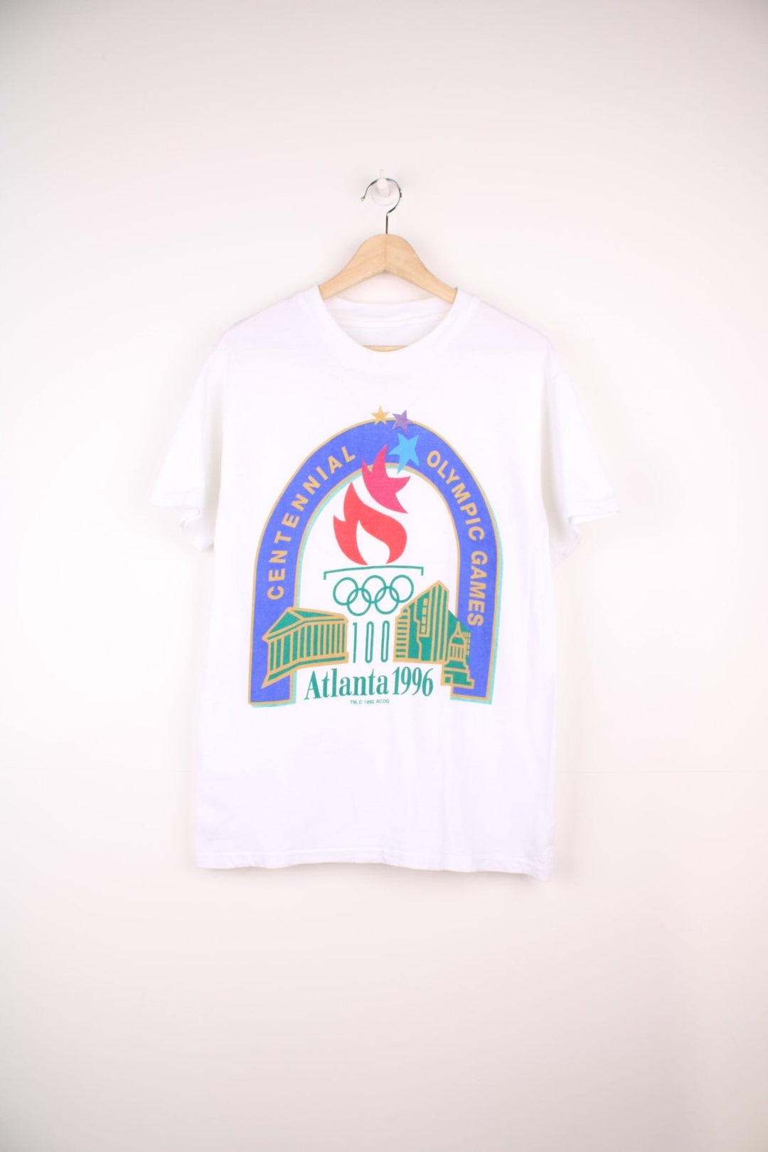 Atlanta 1996 Centennial Olympic Games single stitch T-Shirt. Features large graphic print on the front. 