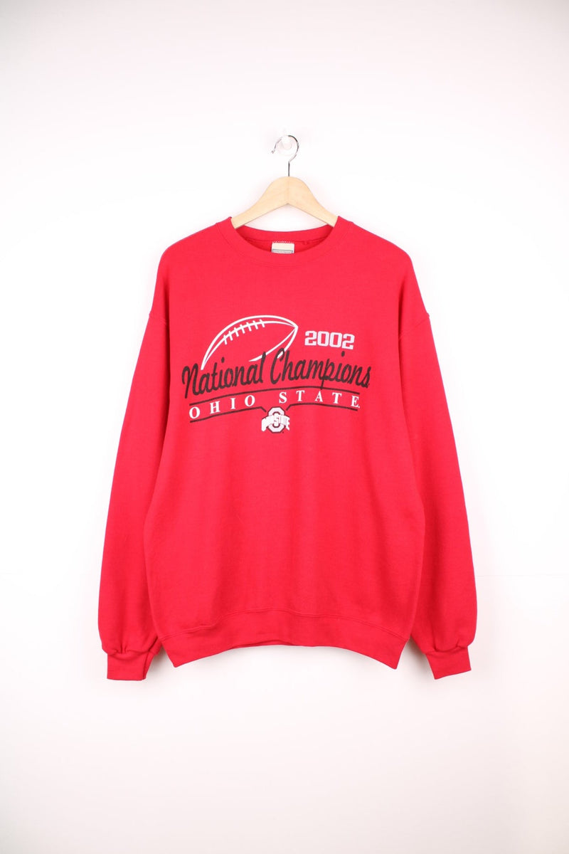 Vintage 2002 Ohio State Buckeyes National Champions sweatshirt in red with print across the chest.