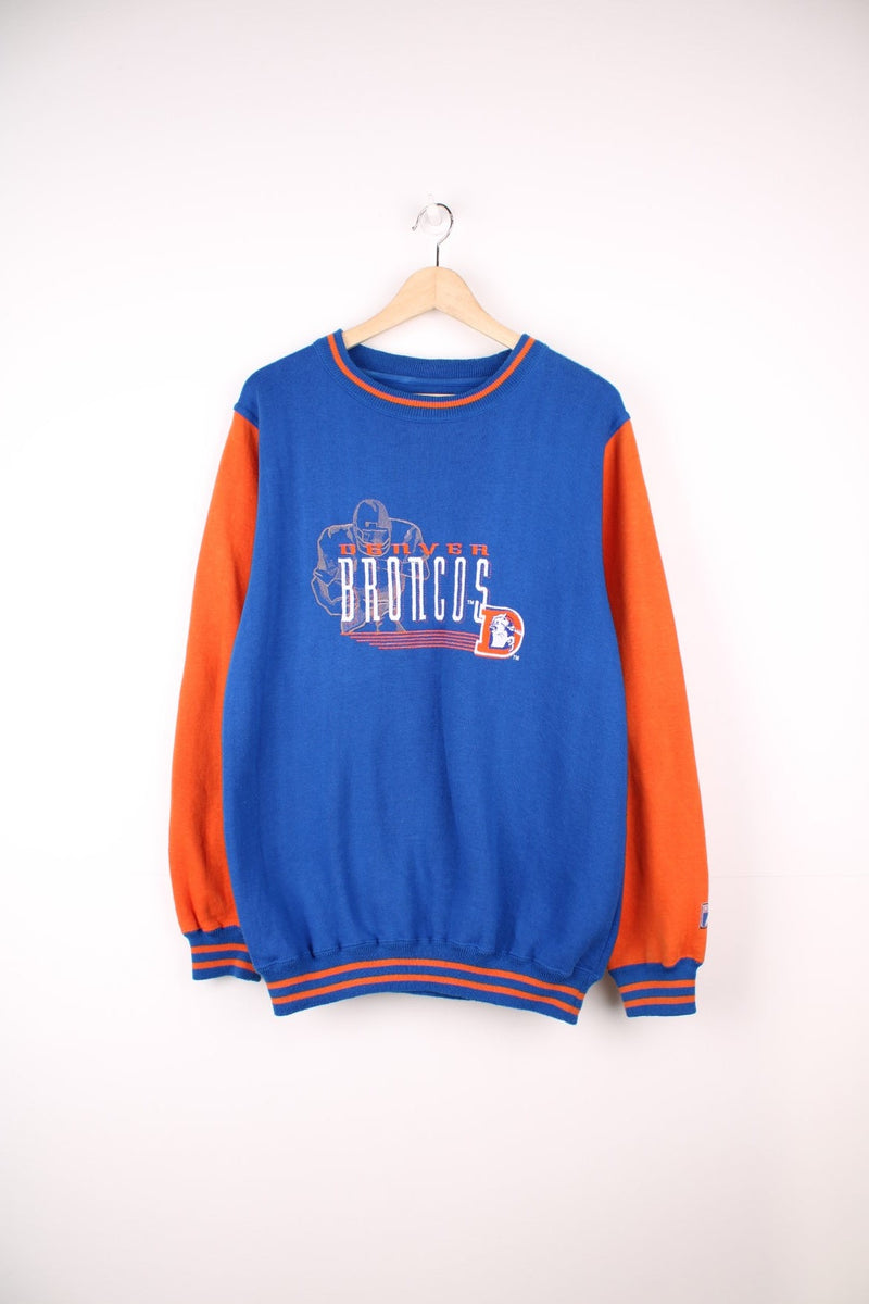 Denver Broncos sweatshirt in blue and orange with embroidered logo across the chest.